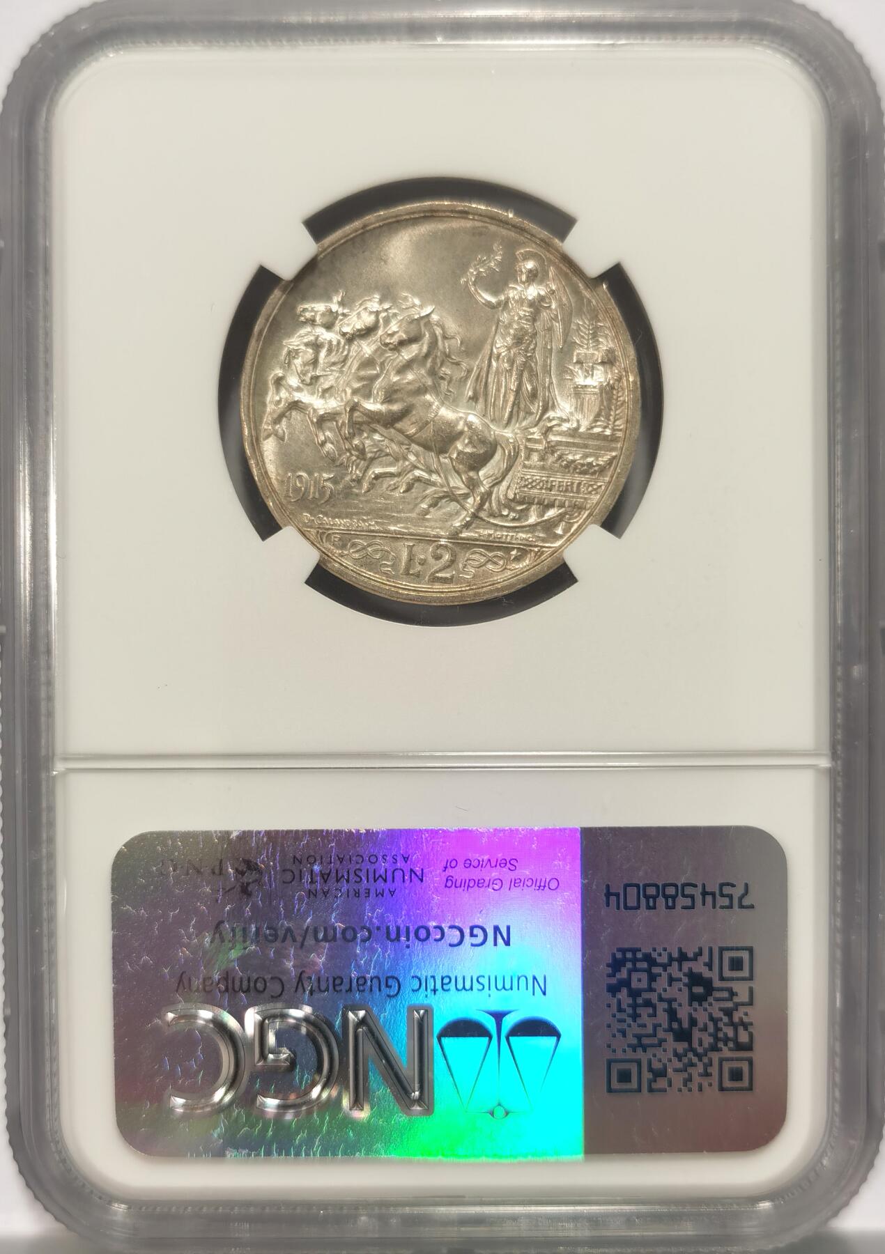 博洋堂世界钱币拍卖第109期（全场包邮） NGC MS65 意大利1915年经典马车淡彩2里卡银币 十字转光 凝霜感强 能上64分数屈指可数 65分数更是难上加难 收藏品级