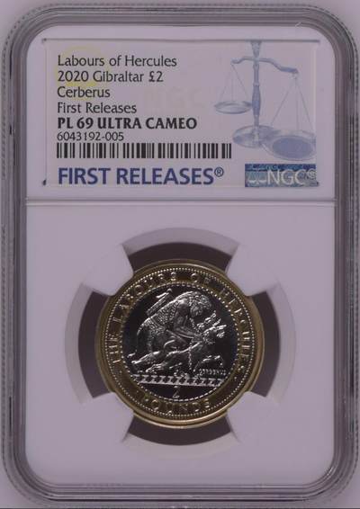 S&S Numismatic世界钱币-拍卖 第126期  直布罗陀2020年大力神海格力斯英雄事迹12-活捉哈得斯的三头犬刻耳柏洛斯 2英镑双色纪念币NGC PL69UC，发行量1750枚