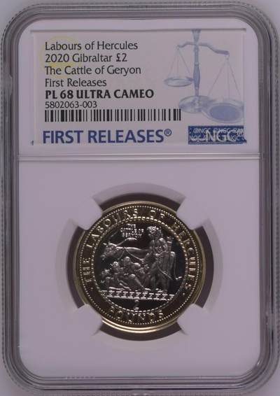 S&S Numismatic世界钱币-拍卖 第126期  直布罗陀2020年大力神海格力斯英雄事迹10-牵回巨人革律翁的牛群 2英镑双色纪念币NGC PL68UC，发行量1750枚