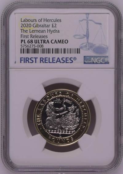 S&S Numismatic世界钱币-拍卖 第126期  直布罗陀2020年大力神海格力斯英雄事迹2-杀掉勒尼安的海德拉 2英镑双色纪念币NGC PL68UC，发行量1750枚