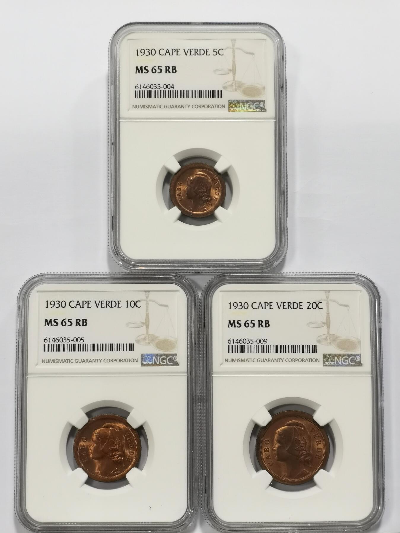 博洋堂世界钱币拍卖第109期（全场包邮） NGC MS65RB 葡属佛得角1930年5、10、20分铜币3枚一套，稀见高分同分，收藏一步到位