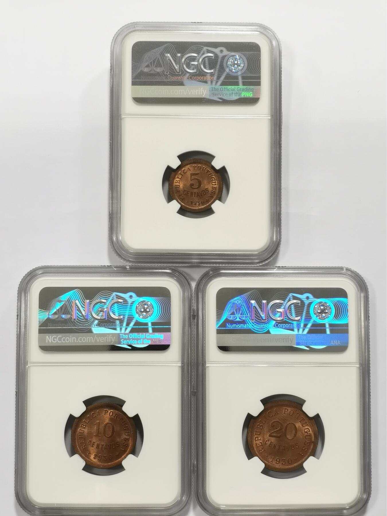 博洋堂世界钱币拍卖第109期（全场包邮） NGC MS65RB 葡属佛得角1930年5、10、20分铜币3枚一套，稀见高分同分，收藏一步到位