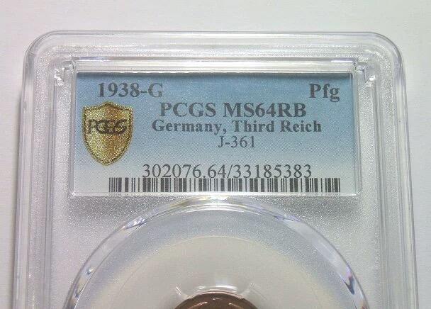 金盾PCGS MS64RB 德国第三帝国1938年G版1芬尼 难得开卷原光