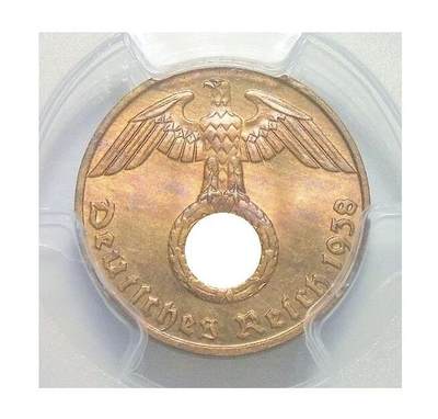 金盾PCGS MS65RB 德国第三帝国1938年J版1芬尼 难得开卷原光    - 金盾PCGS MS65RB 德国第三帝国1938年J版1芬尼 难得开卷原光   