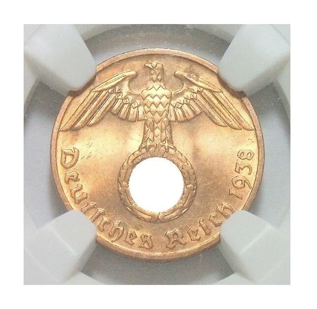 NGC MS64RD 德国第三帝国1938年F版1芬尼 难得开卷原光