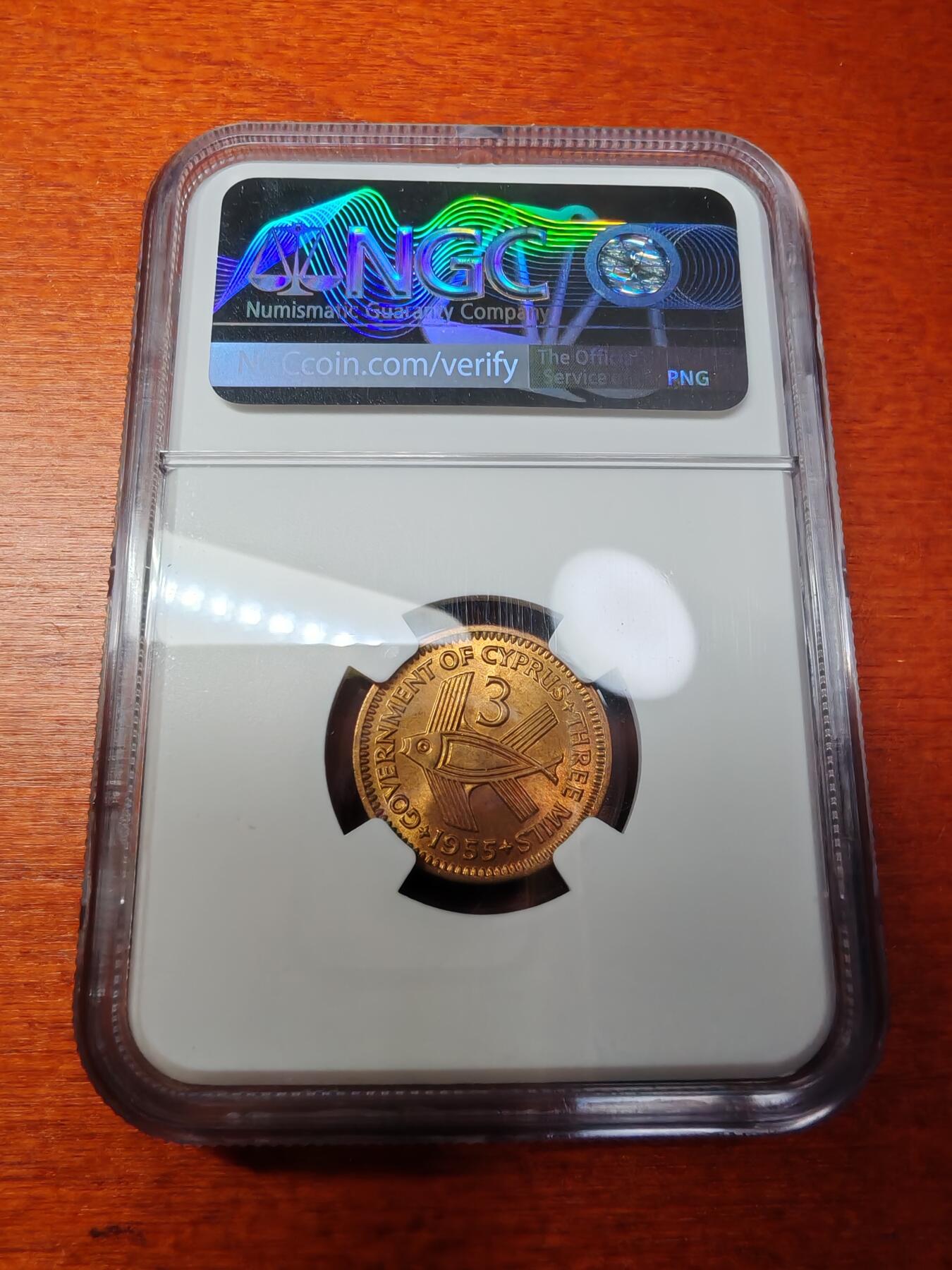 长老汇蛇年精选第二场拍卖 1955塞浦路斯3米尔铜币，NGC MS65RB，亚军，更高9枚，官网同分65美金