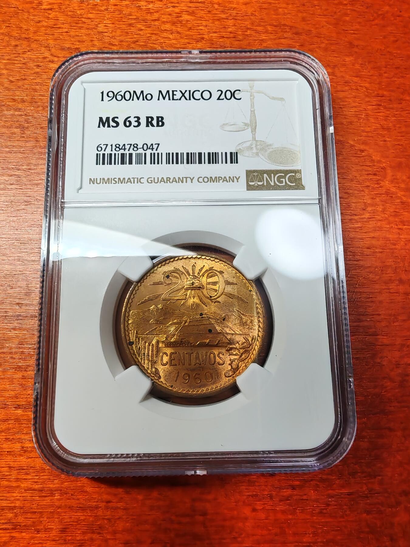 长老汇蛇年精选第二场拍卖 1960墨西哥20分铜币，NGC MS63RB，原光