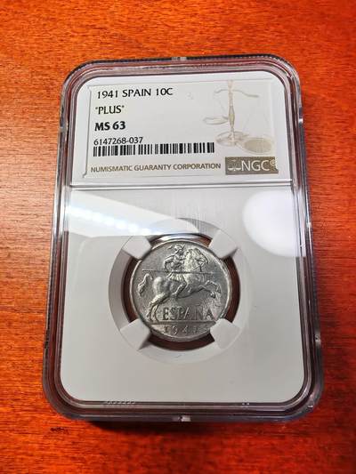 长老汇马年精选第四场拍卖 - 1941西班牙民族主义政府骑兵10分铝币，NGC MS63，"PLUS"版，更高8枚