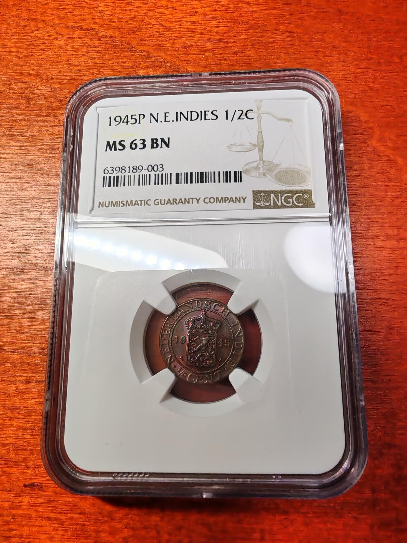 长老汇蛇年精选第二场拍卖 1945荷属东印度1/2铜分，NGC MS63BN，唯一季军分，更高2枚