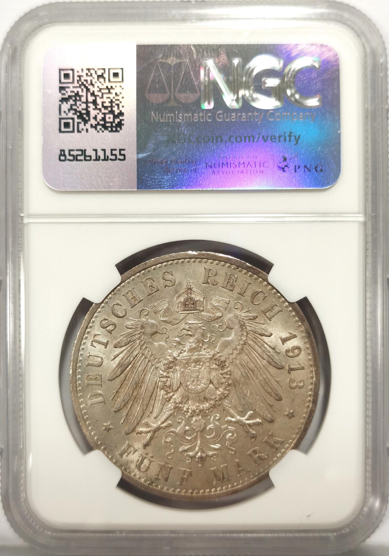 博洋堂世界钱币拍卖第110期（全场包邮） NGC MS63 德国普鲁士1913年威廉二世5马克大银币，63分可藏品质！