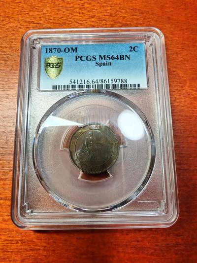 长老汇马年精选第五场拍卖 - 1870西班牙地方政府坐人狮子2分铜币，PCGS MS64，亚军，更高1枚，22年同分成交价900元