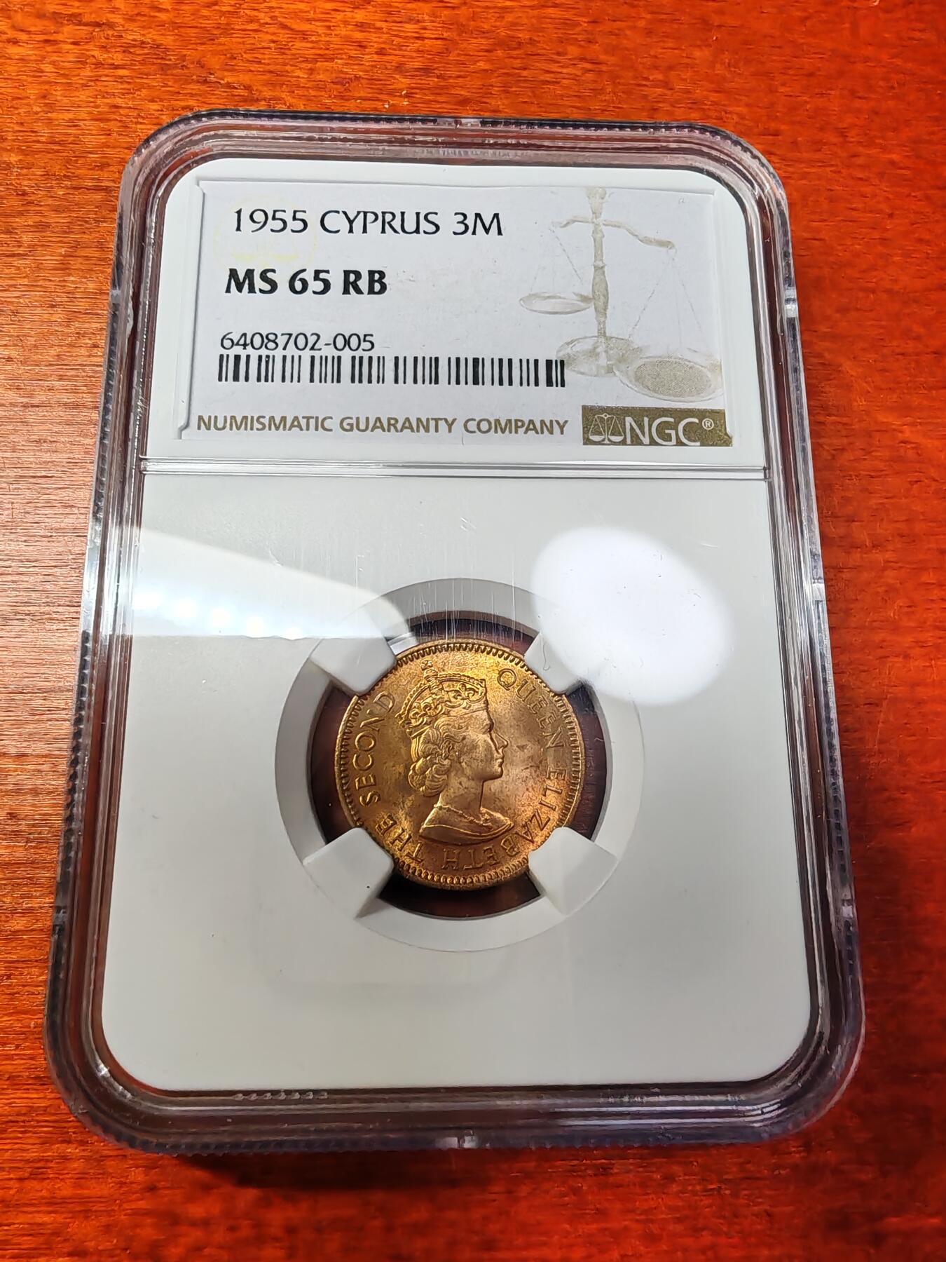 长老汇蛇年精选第二场拍卖 1955塞浦路斯3米尔铜币，NGC MS65RB，亚军，更高9枚，官网同分65美金
