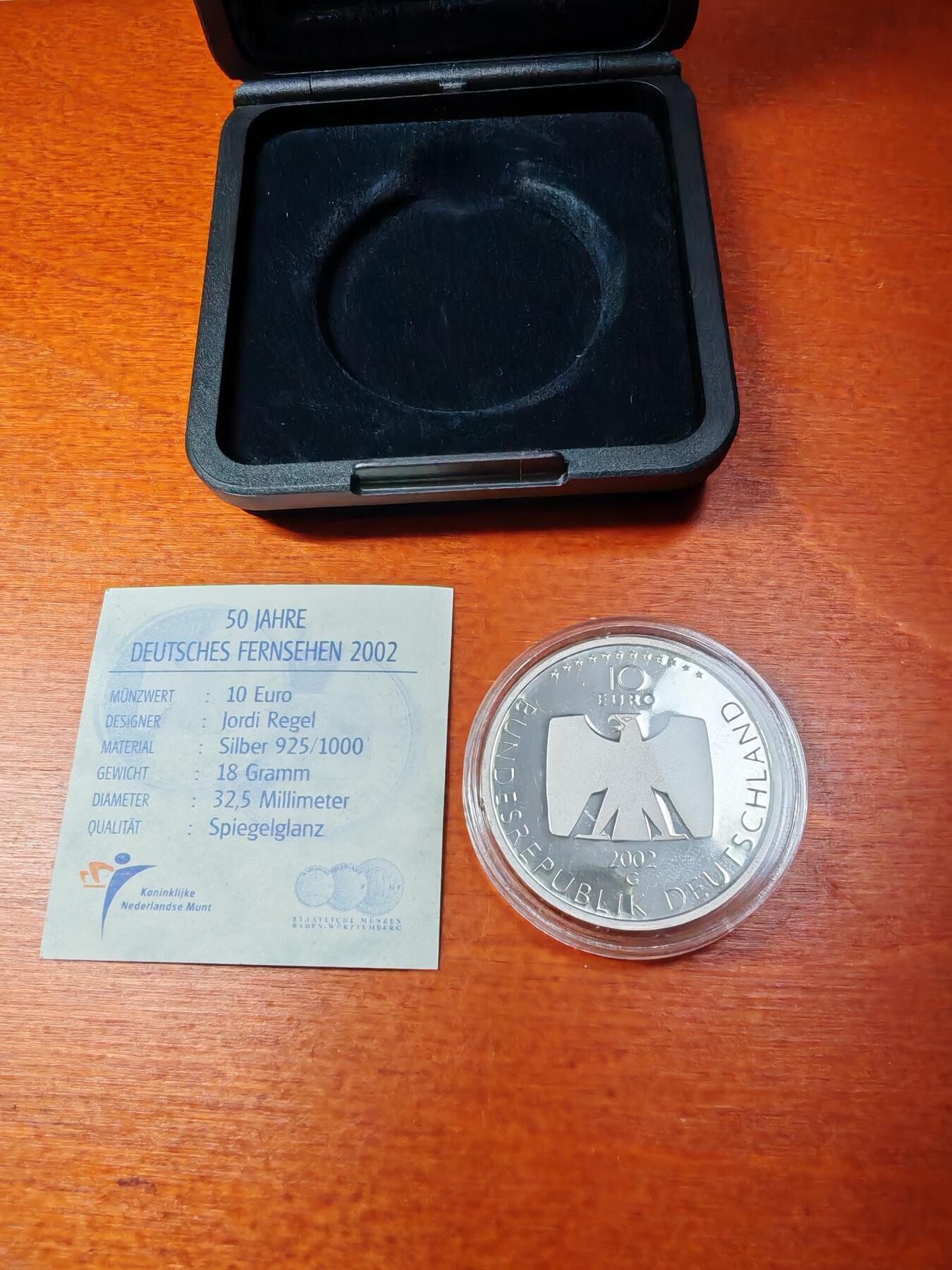 长老汇蛇年精选第二场拍卖 2002德国电视50周年10欧元精制银币，盒证全