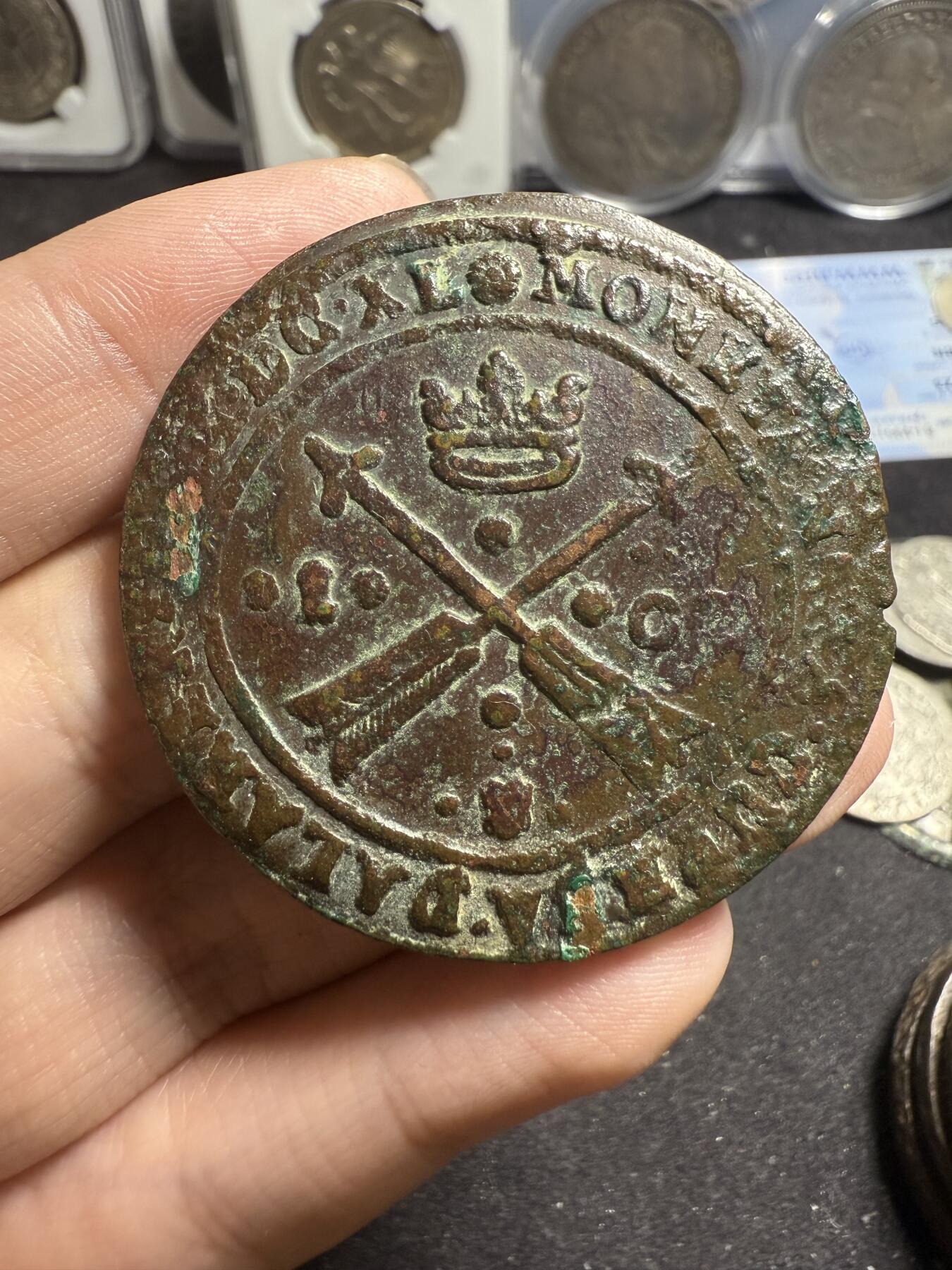 南宋泉阁俄币 外币 国币 专场第五期 瑞典 萨瓦王朝 1638年(罗马数字MDCXXXVIII) 克里斯蒂娜女王1欧尔大铜币 通货好品 少见！边道和背面属于早期瑞典铜币正常的缺陷