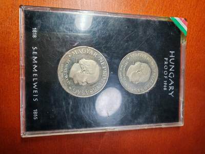 长老汇蛇年精选第二场拍卖 - 1968匈牙利塞梅维什诞辰150周年50+100弗林特精制银币两枚套，造币厂原盒封装，4750套