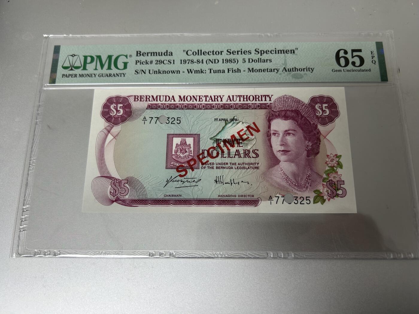 收藏联盟Quantum Auction 第407期拍卖 @征集拍品 长期供货可享分佣福利  1978-84年百慕大5元 样钞 PMG65E
