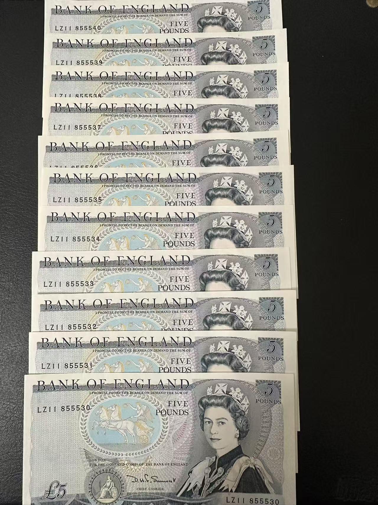 【Blue Auction】✨世界纸币精拍第616期【精】 【一组11连】英国 D序列5镑 全新UNC
