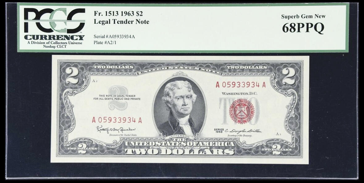 【Blue Auction】✨世界纸币精拍第616期【精】 【AA】美国 1963年2美金 PCGS68EPQ 绿标 超高分