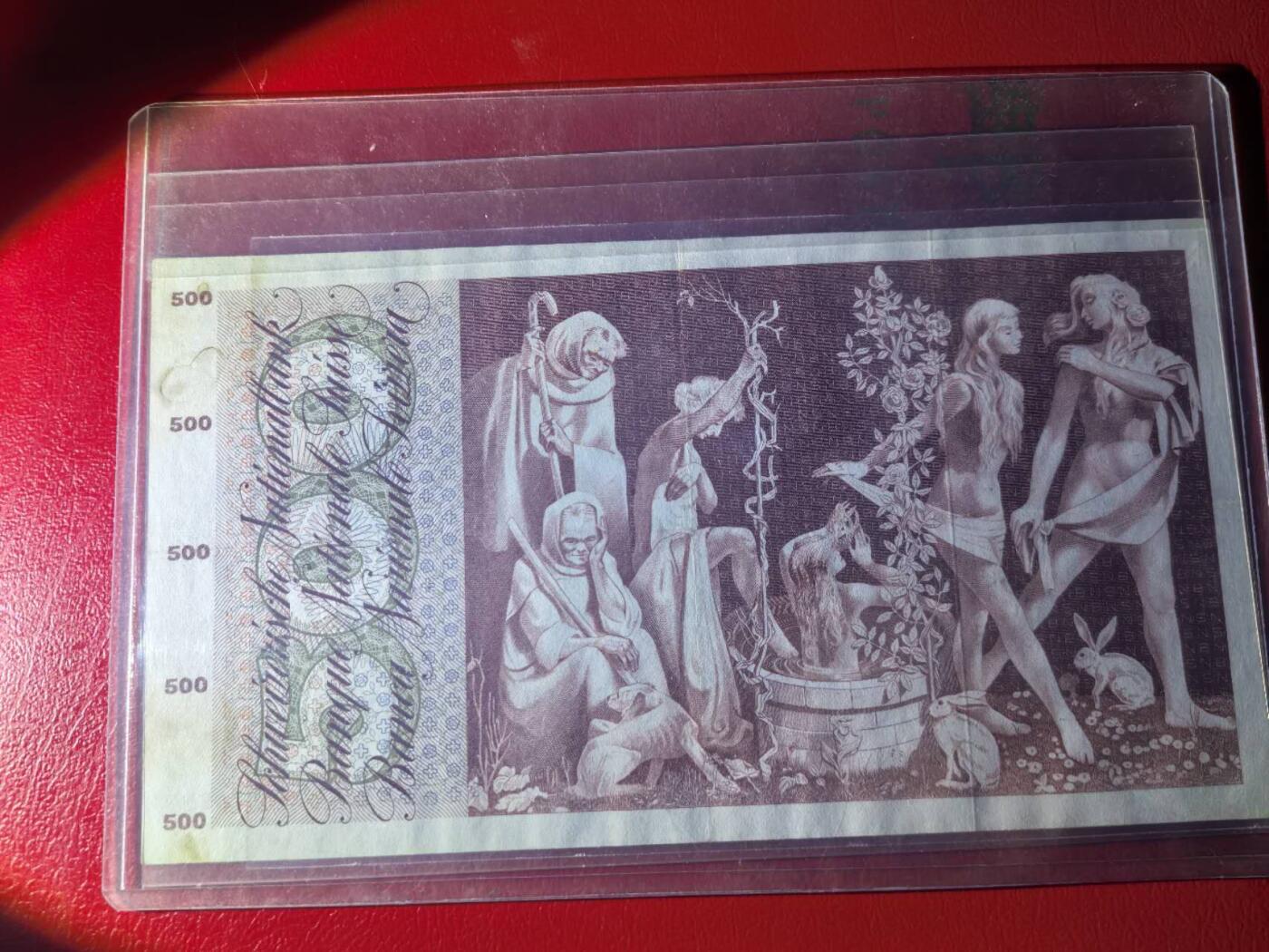 VF品 1963年 瑞士纸币 500法郎纸币 有瑕疵