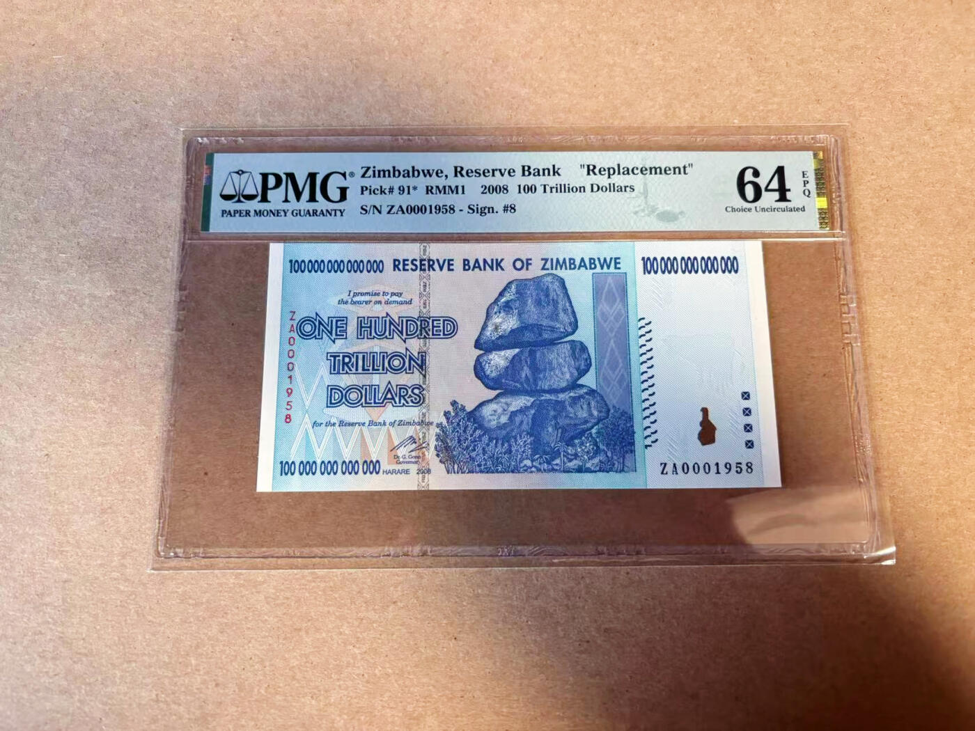 【Blue Auction】✨世界纸币精拍第616期【精】 【补号 千位小号】津巴布韦 2008年100万亿元 PMG64EPQ 