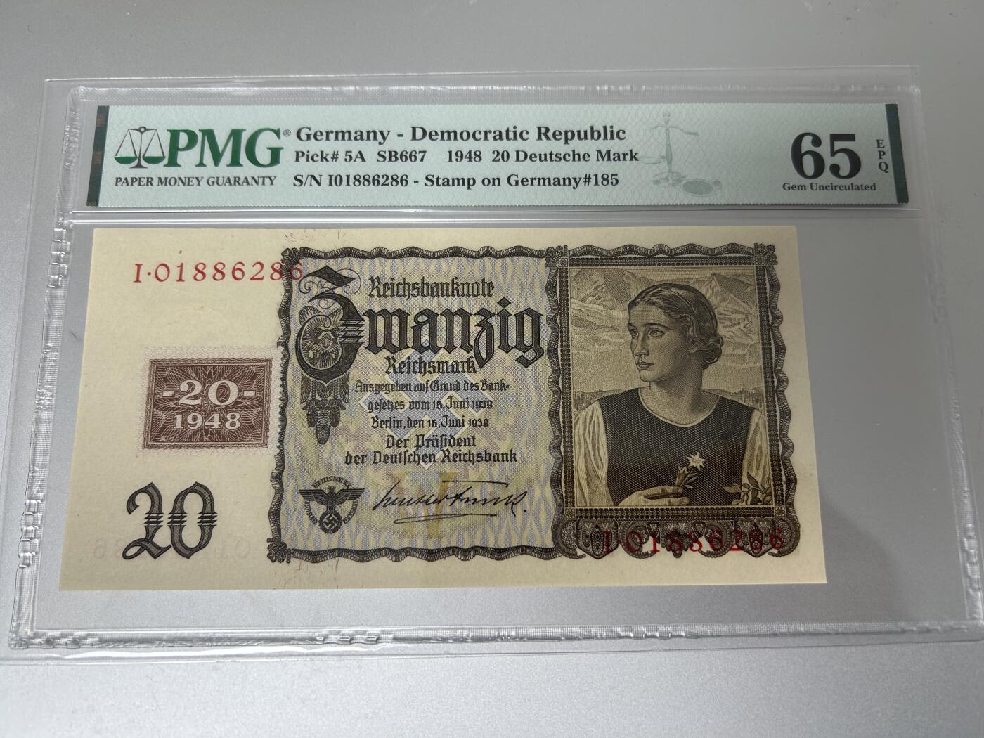 收藏联盟Quantum Auction 第407期拍卖 @征集拍品 长期供货可享分佣福利 1948年民主德国20马克 无3457号码 PMG65E