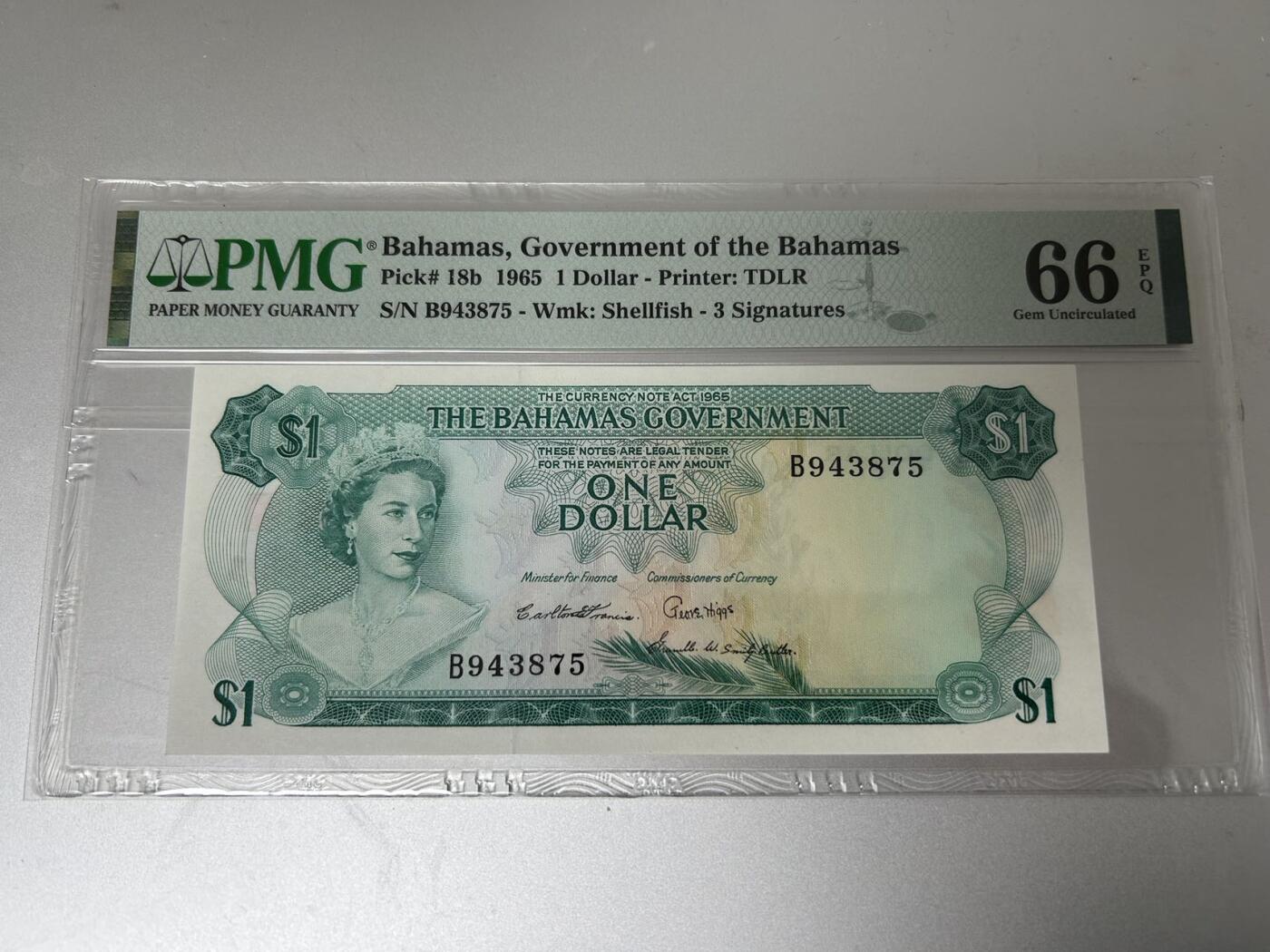 收藏联盟Quantum Auction 第407期拍卖 @征集拍品 长期供货可享分佣福利 1965年巴哈马1元 彩背版 PMG66E