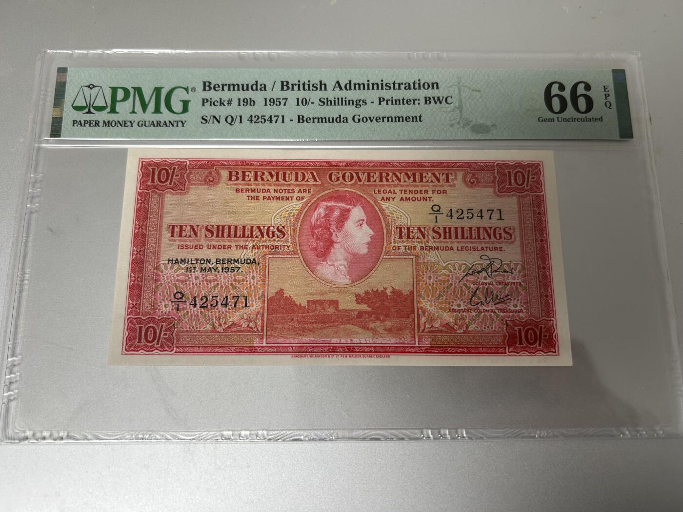 收藏联盟Quantum Auction 第407期拍卖 @征集拍品 长期供货可享分佣福利  1957年百慕大10先令 PMG66E