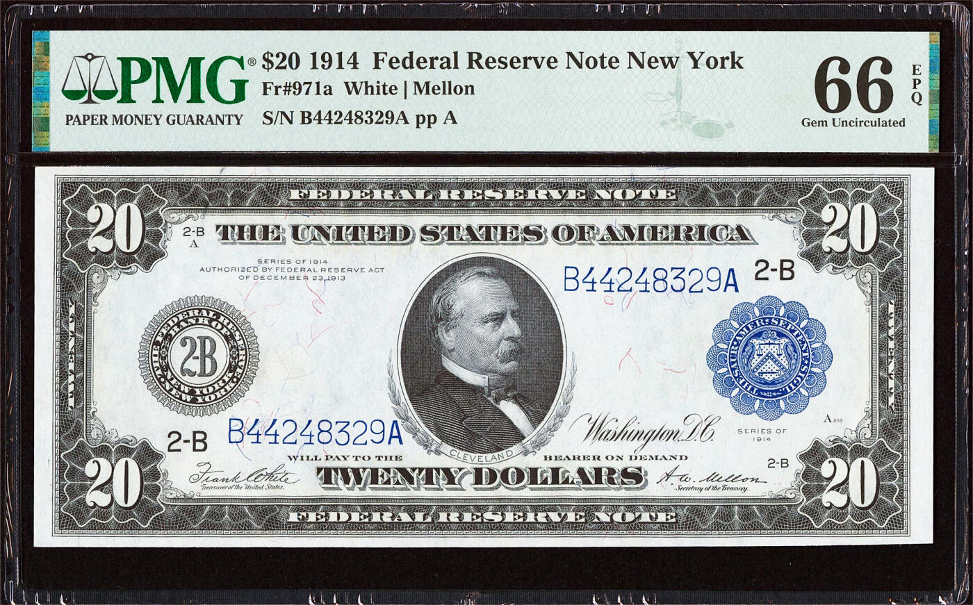 【Blue Auction】✨世界纸币精拍第616期【精】      【冠军分仅2张】美国 1914年20美金 纽约版 正面人像克利夫兰（1837-1908）是美国历史上第一位两度当选且任期不连续的总统（第22和24任）也是1934年1000美金纸币上人物 PMG66EPQ 顶级高分 状态极佳 背面自由女神像 各种交通工具(第一张也是唯一一张） 大票幅 雕刻精美