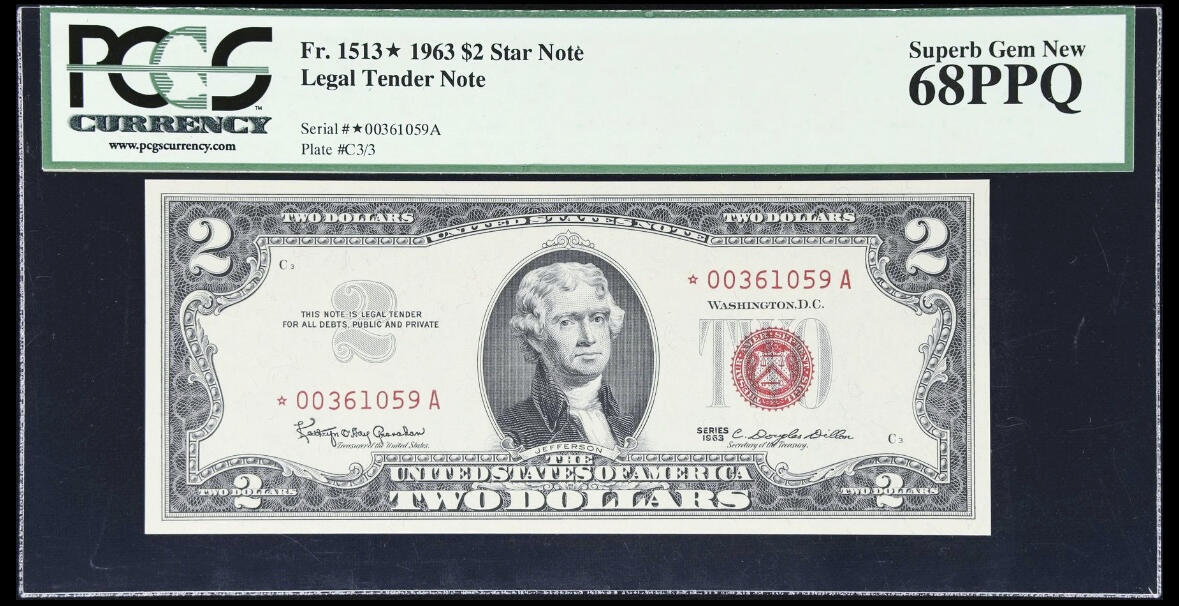 【Blue Auction】✨世界纸币精拍第616期【精】 【补号无47】美国 1963年2美金 PCGS68EPQ 绿标 超高分