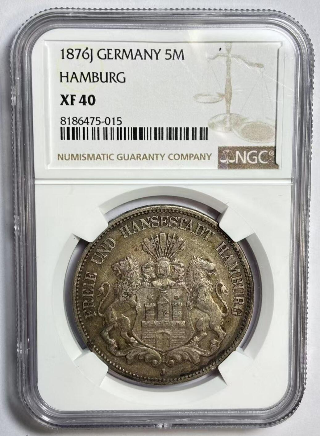 紫瑗钱币——第500期 德国 汉堡 1876年 J版 短翅 盾徽 5马克 27.78克 0.9银 NGC XF40