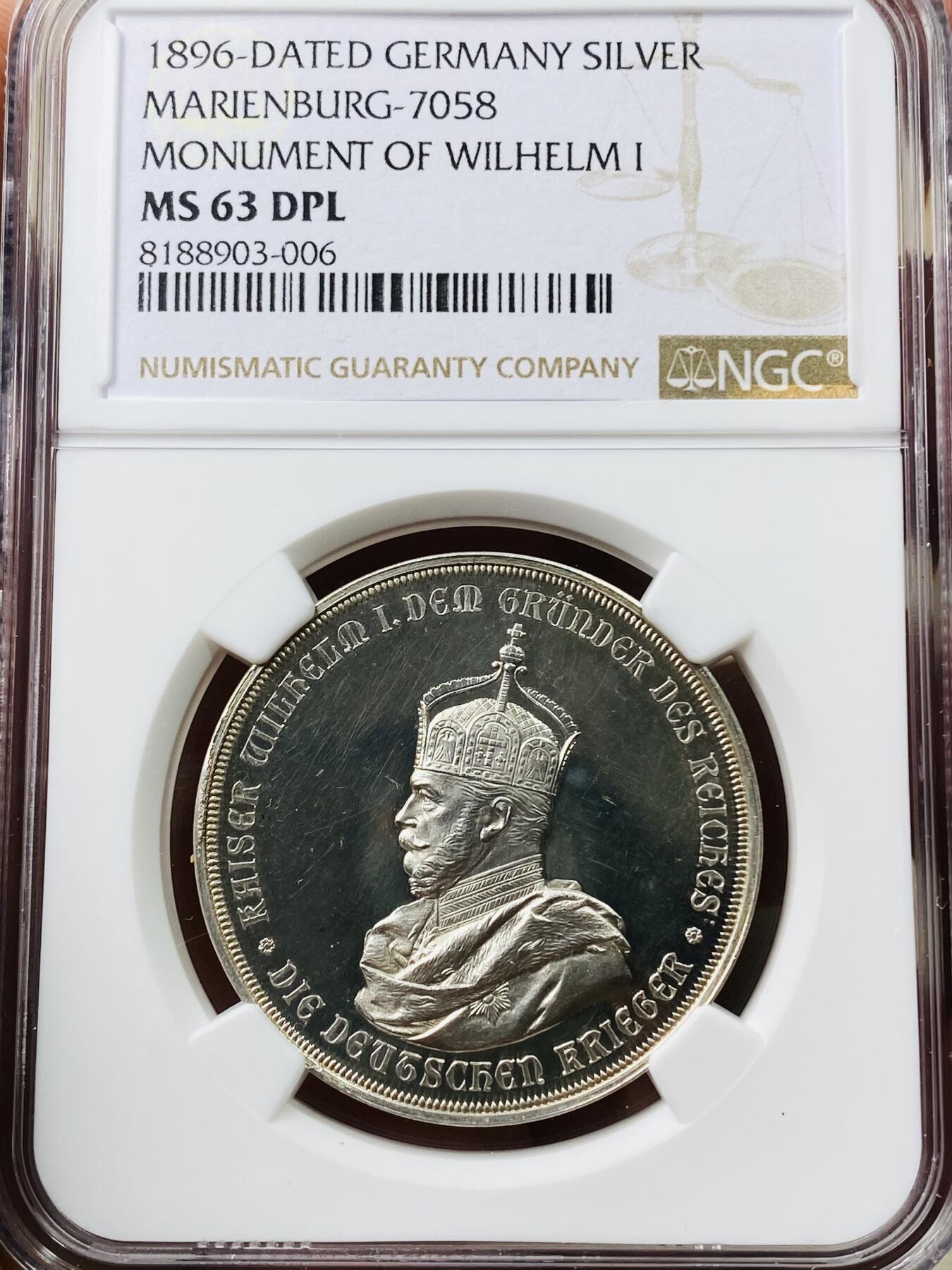 万国钱币拍卖第042期（蛇年首拍） NGC MS63DPL 1896年德国基夫豪泽的威廉一世皇帝纪念碑落成纪念银章 普法战争胜利25周年大典之际 罕见麦喜奇首拍品种 深度镜面