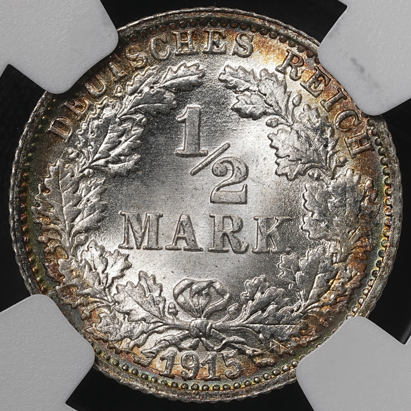 修遠堂世界钱币第五十七期 NGC MS67+ 1915年德国1/2马克银币 环彩顶级状态 F厂铭