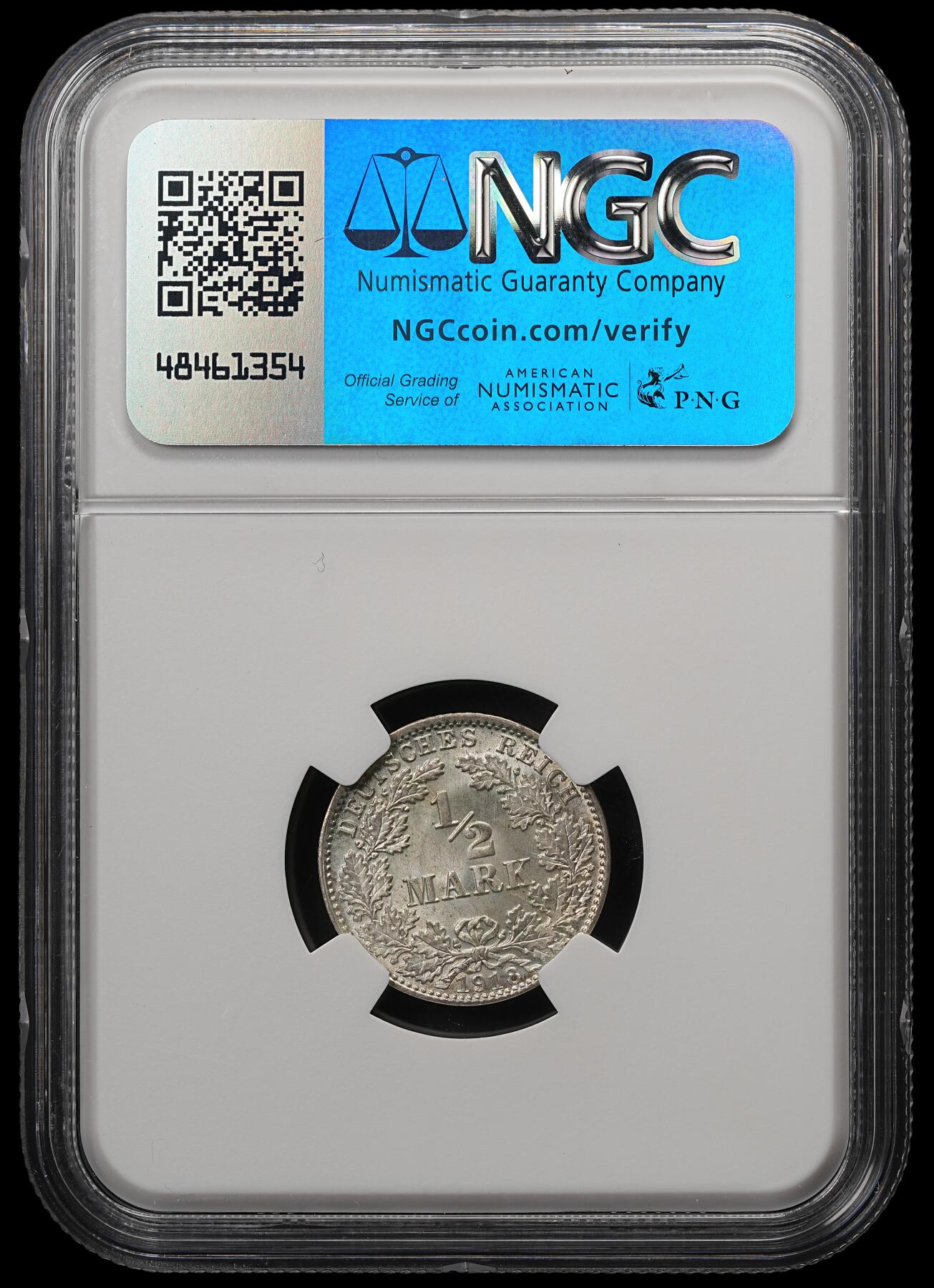 修遠堂世界钱币第五十七期 NGC MS67 1918年德国1/2马克银币 D厂铭