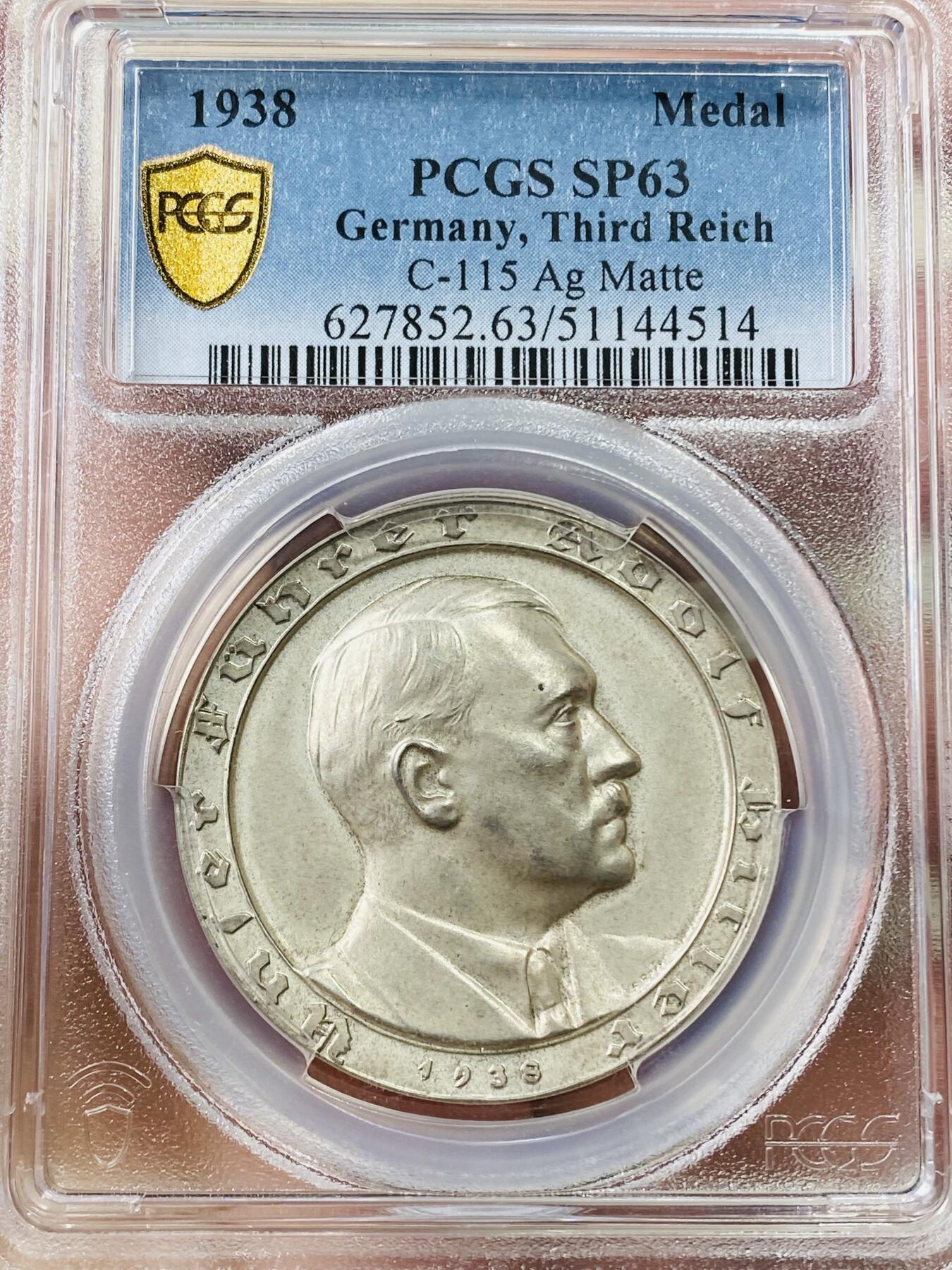 万国钱币拍卖第042期（蛇年首拍） PCGS SP63 1938年德国民族社会主义工人党党魁大事记纪念银章 原味银光高浮雕matte工艺 C-115 顶级收藏品相 德国已绝迹品种之一