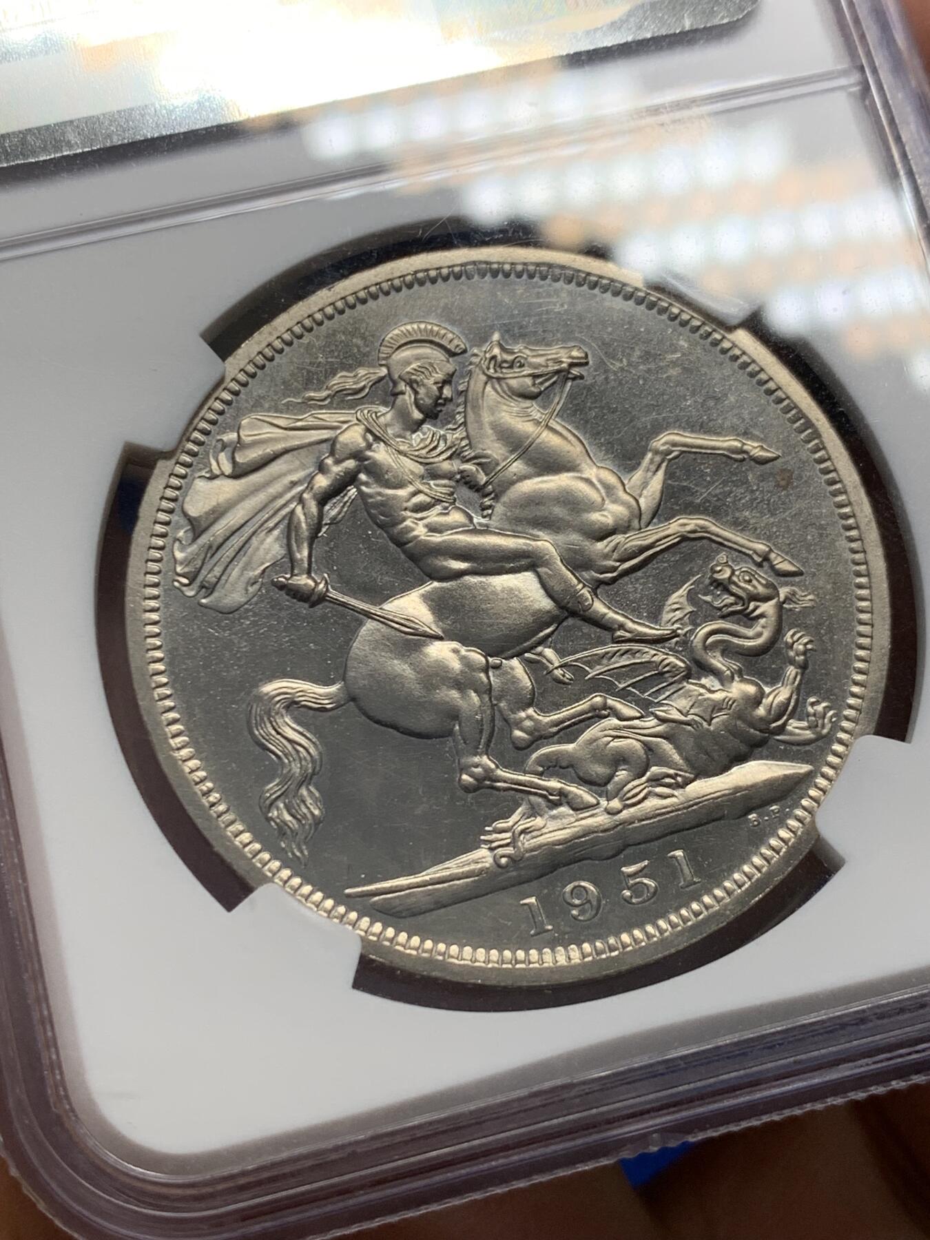 《竞宝斋》第351场 周日，周一 2场连拍 （全场包邮） NGC Proof like cleaned 英国 1951年精制马剑1克朗