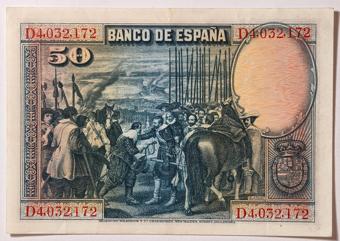 紫瑗钱币——第519期——纸币场 西班牙 1928年 油画《布雷达的献城》50比塞塔 UNC软折 (P-75b)