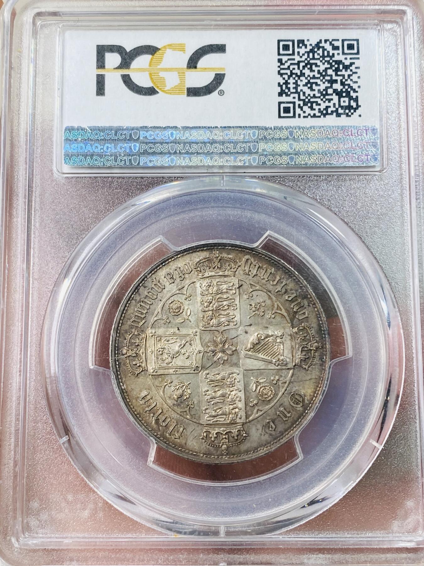 万国钱币拍卖第042期（蛇年首拍） PCGS MS64 1852年英国维多利亚女皇哥特佛洛林银币 英式五彩 丝绸底板 顶级品质