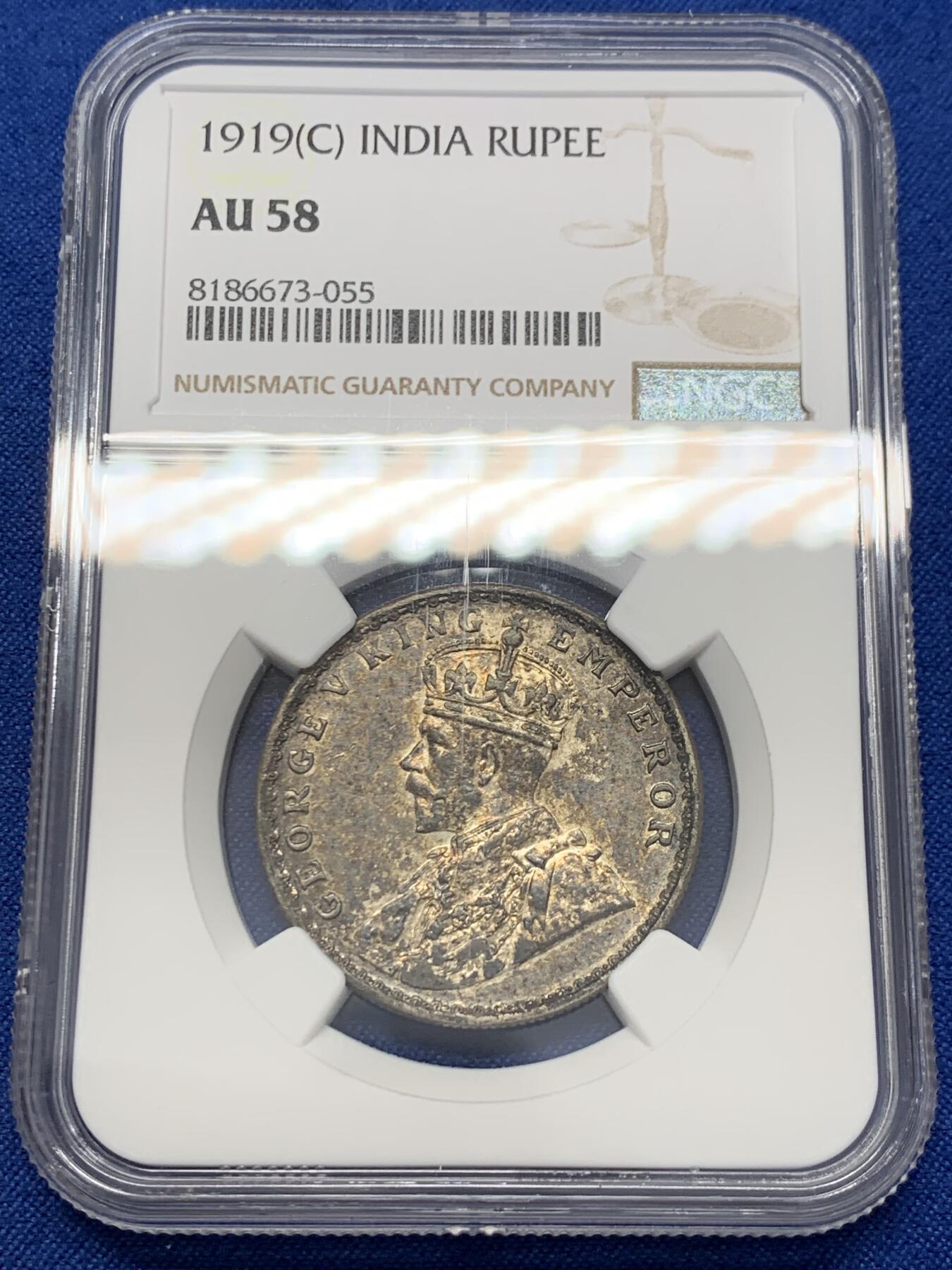 《竞宝斋》第351场 周日，周一 2场连拍 （全场包邮） NGC AU58 印度1919年C版乔治五世1卢比银币