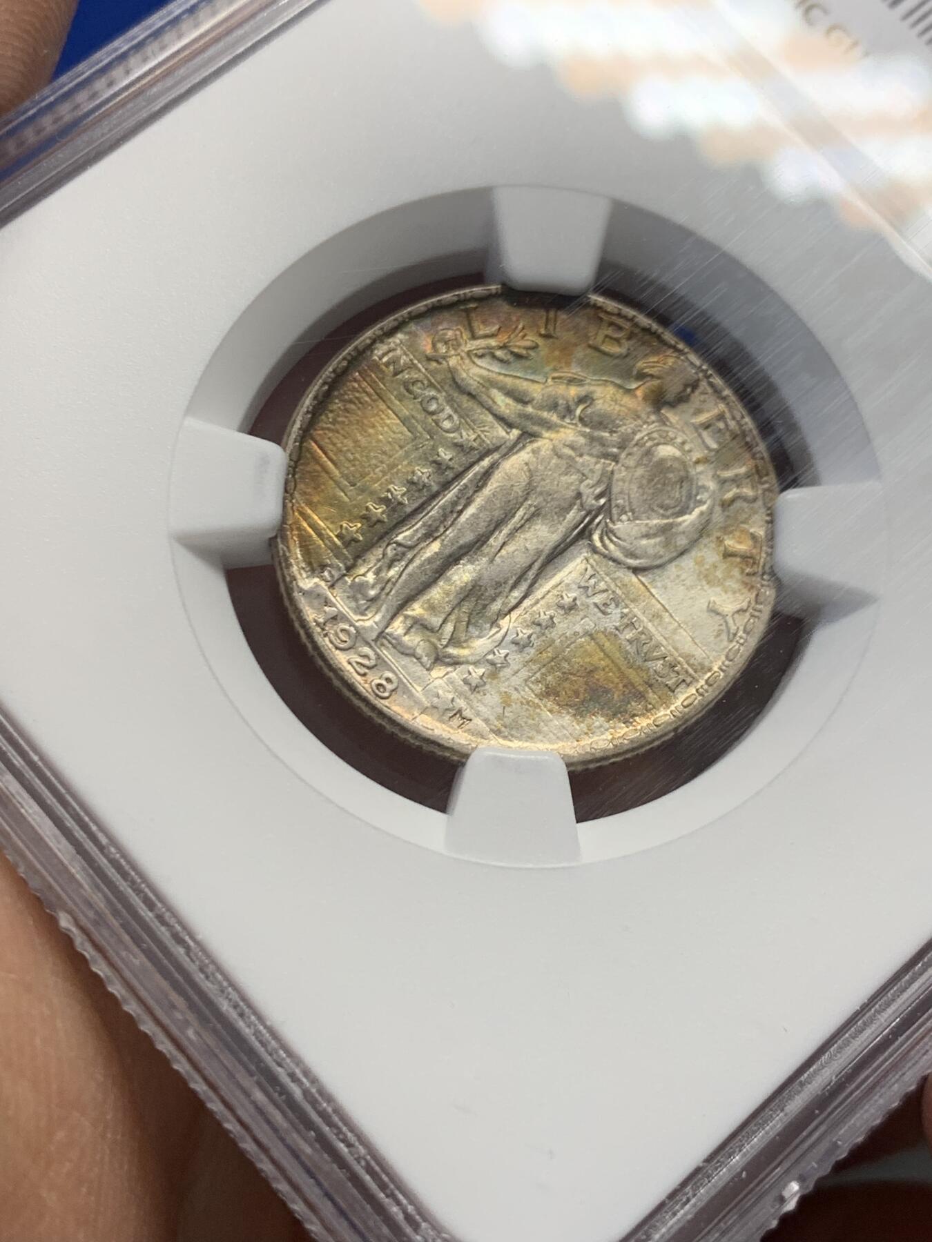 《竞宝斋》第351场 周日，周一 2场连拍 （全场包邮） NGC AUD 美国1928年“站立自由区”（鹰下之星）25美分银币