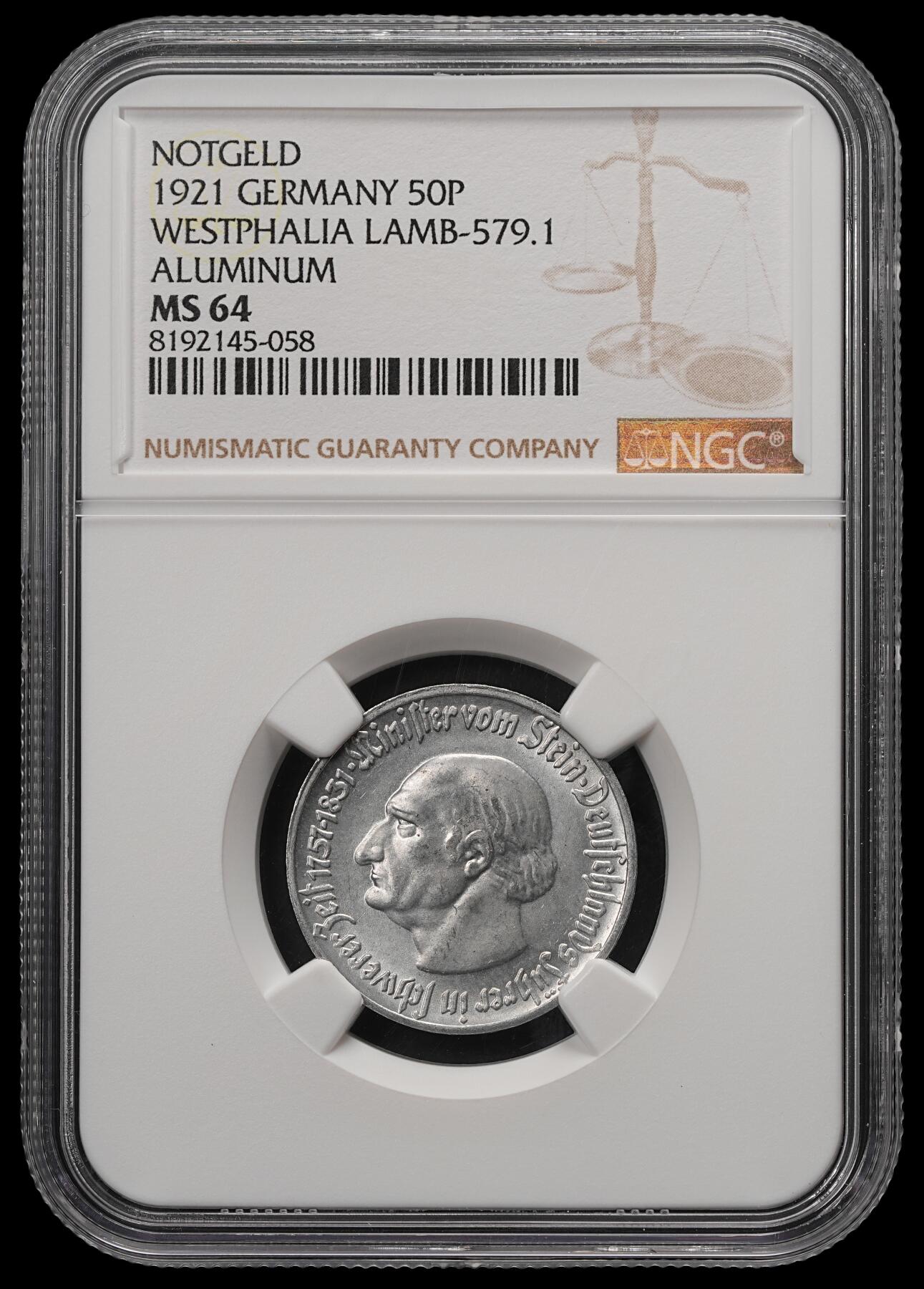 修遠堂世界钱币第五十七期 NGC MS64 1921年德国紧急时期威斯特法伦50芬尼铝制马币