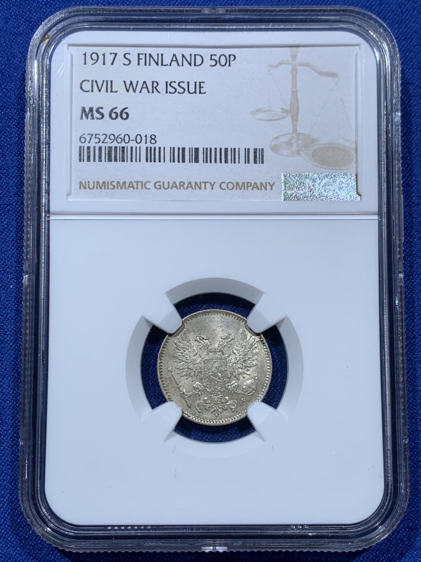 《竞宝斋》第351场 周日，周一 2场连拍 （全场包邮） NGC MS66 芬兰1917年内战50芬尼银币，无冠版，难得的高分品质，藏家级别