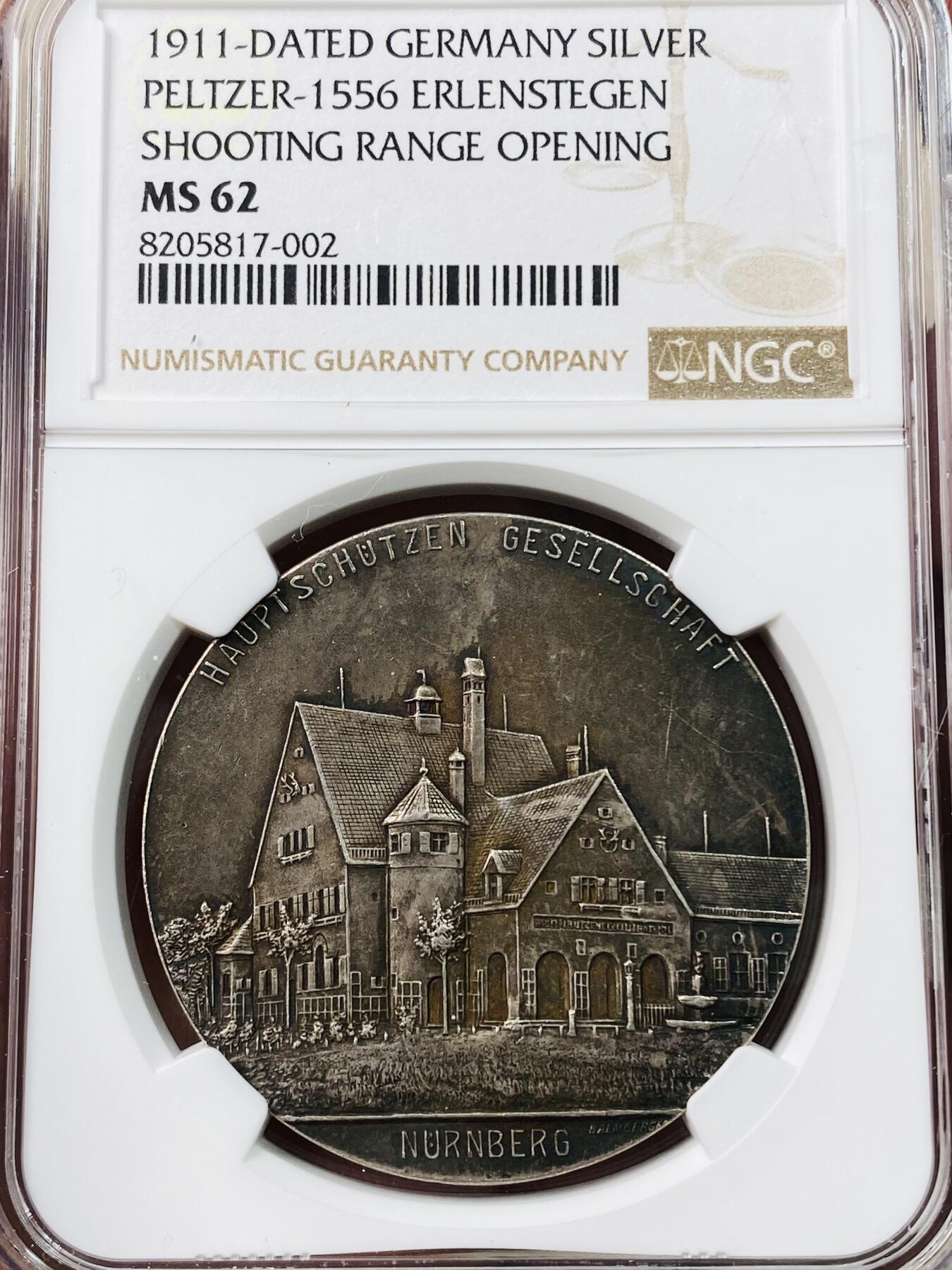 万国钱币拍卖第042期（蛇年首拍） NGC MS62 1911年德国巴伐利亚纽伦堡新射击馆开业纪念大银章 熟美五彩天鹅绒包浆