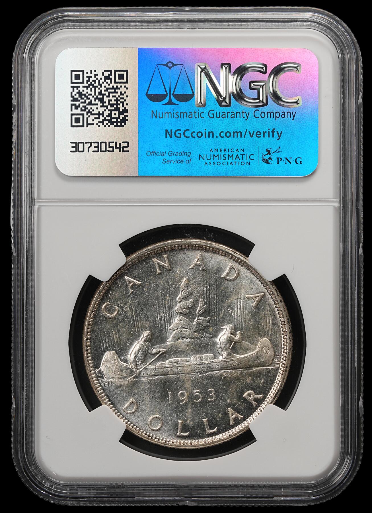 修遠堂世界钱币第五十七期 NGC MS64 1953年加拿大划船1加元大银币