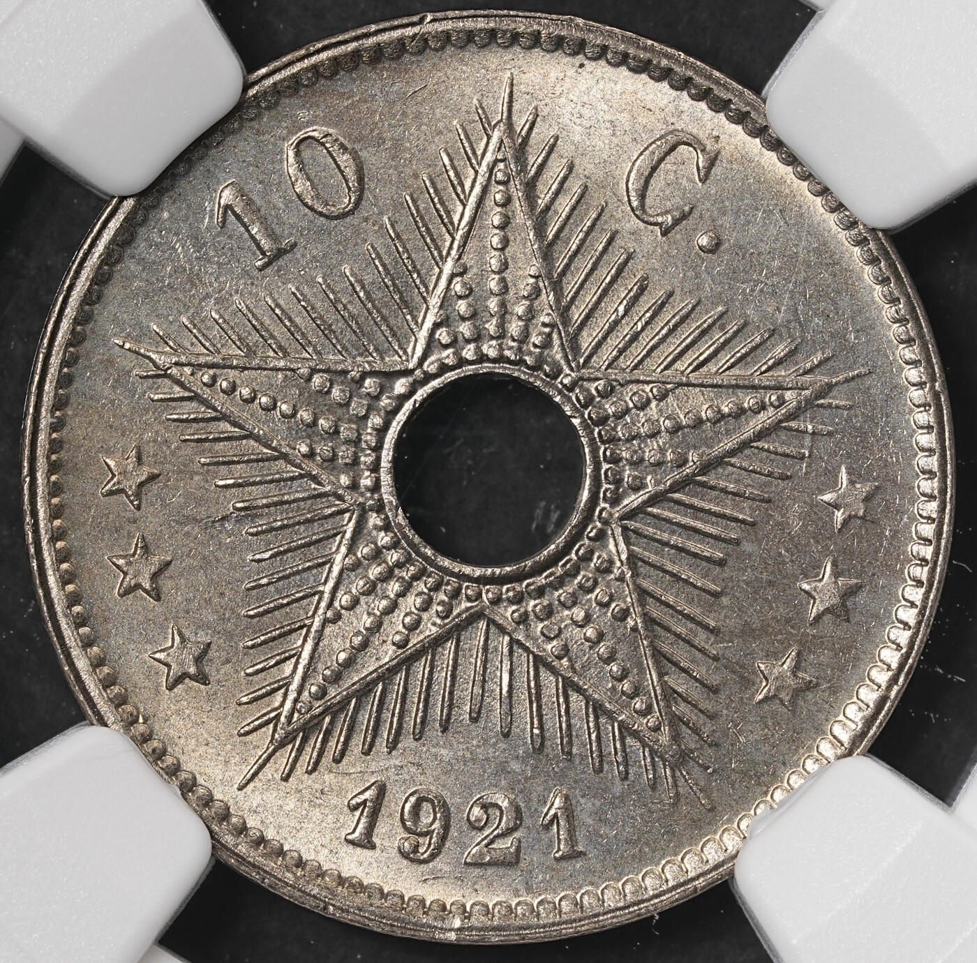 修遠堂世界钱币第五十七期 NGC MS65 1921年比属刚果中孔10分