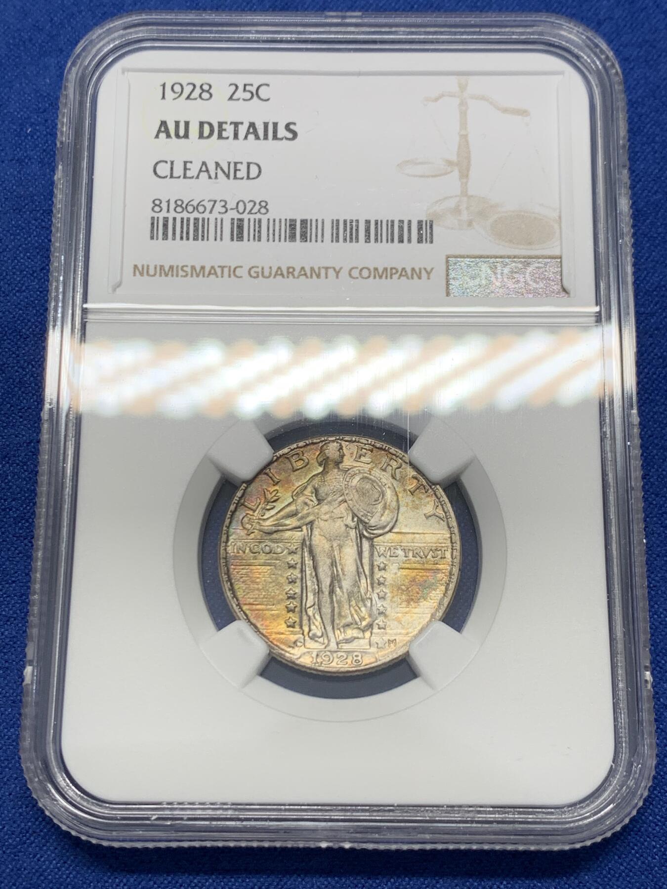 《竞宝斋》第351场 周日，周一 2场连拍 （全场包邮） NGC AUD 美国1928年“站立自由区”（鹰下之星）25美分银币