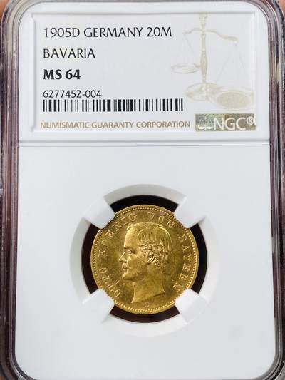 万国钱币拍卖第042期（蛇年首拍） - NGC MS64 1905年德国巴伐利亚奥拓长翅20马克金币 高分难度极大的流通品种 金光闪闪 NGC冠军分 7.96g 900金