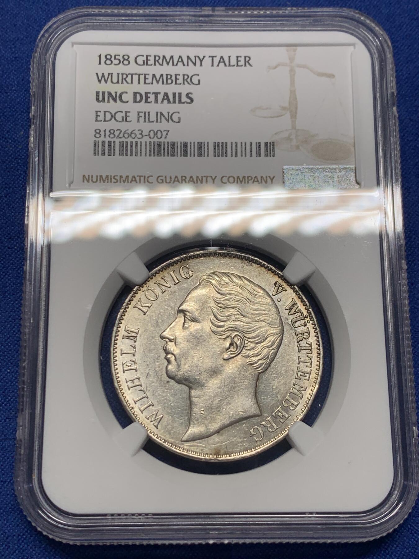 《竞宝斋》第351场 周日，周一 2场连拍 （全场包邮） NGC UNC 德国1858年符腾堡狮鹿版 联合泰勒银币 性价比之选 该款比较难见到的年份