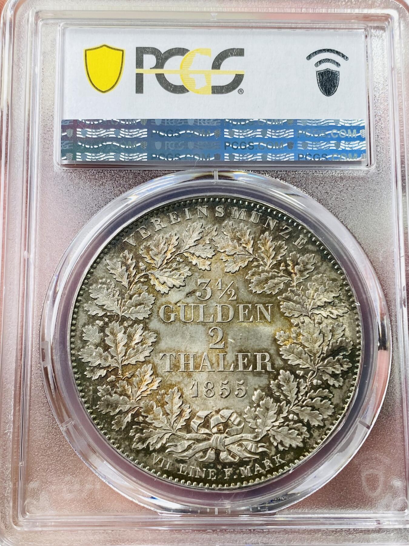 万国钱币拍卖第042期（蛇年首拍） PCGS MS64 1855年德国符腾堡威廉一世橡叶面值流通2泰勒 符腾堡唯一一款流通2T，顶级五彩转光，肉眼几乎无暇的一枚，PC唯一亚军分，更高分仅一枚。