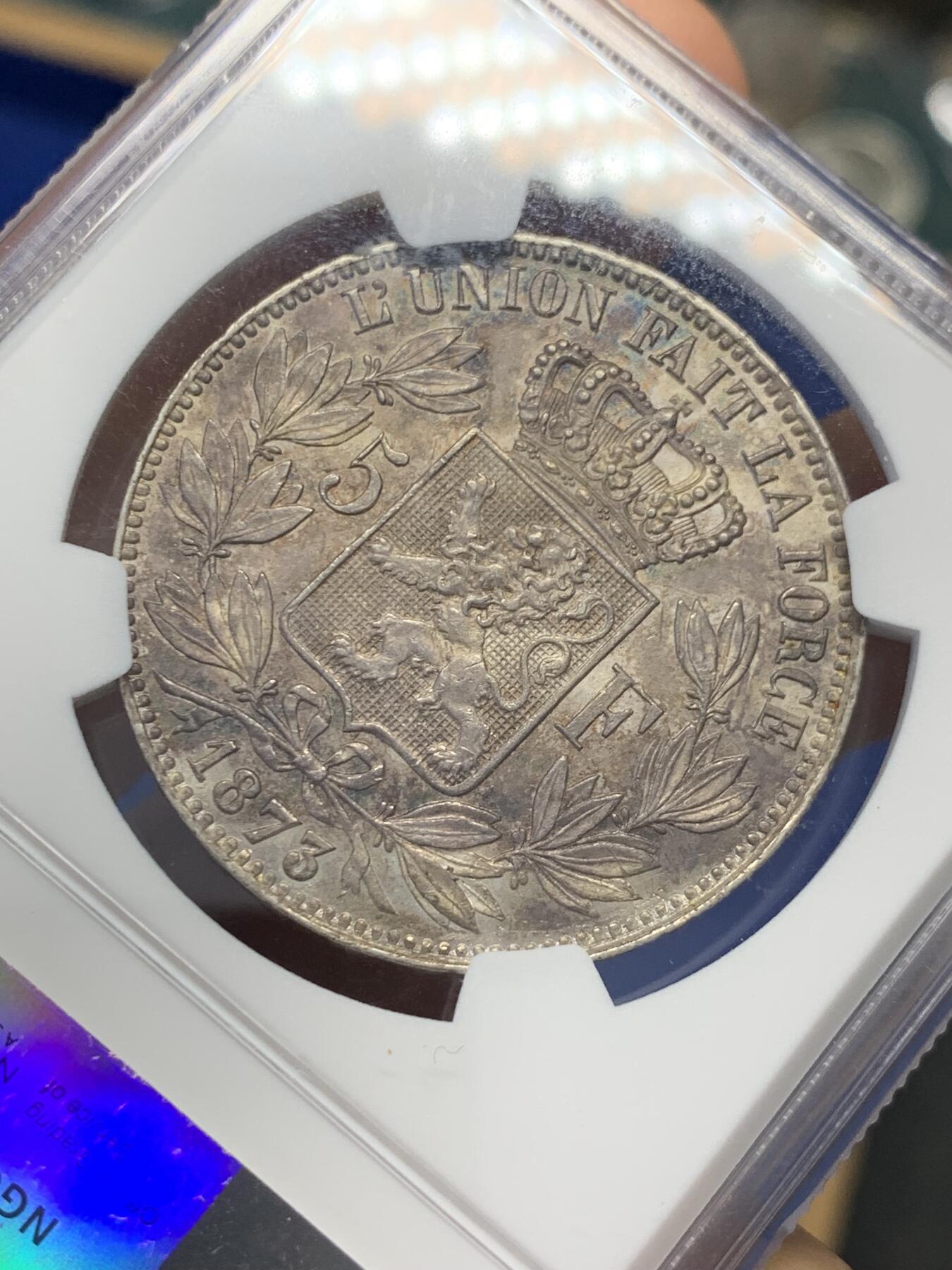 《竞宝斋》第351场 周日，周一 2场连拍 （全场包邮） NGC MS62 比利时1873年利奥波德二世5法郎银币 原味深包浆