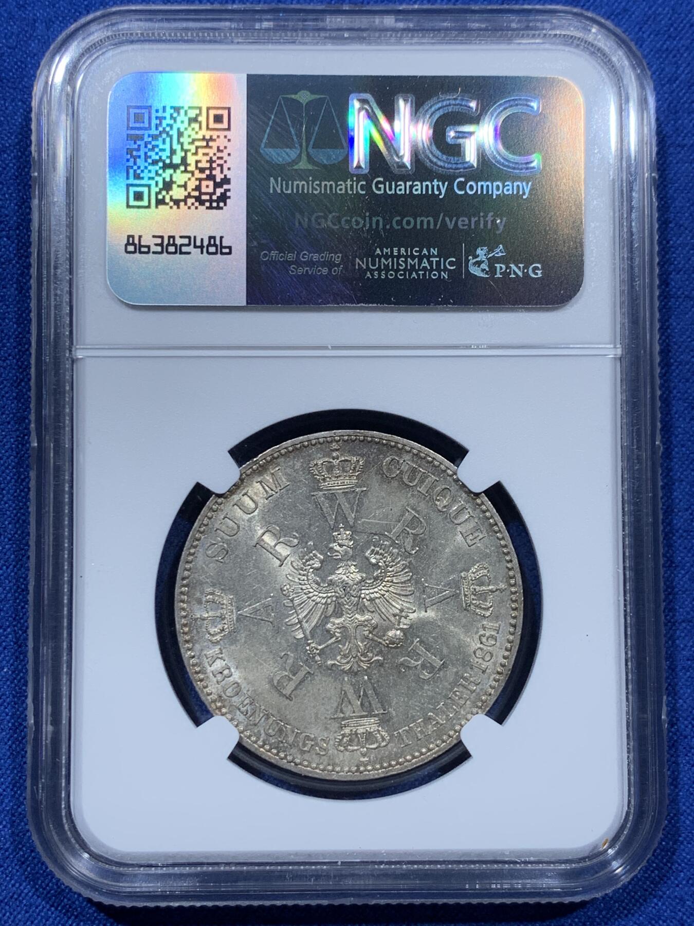 《竞宝斋》第351场 周日，周一 2场连拍 （全场包邮） NGC MS61 德国威廉一世经典毛衣泰勒银币 普鲁士1861年登基泰勒
